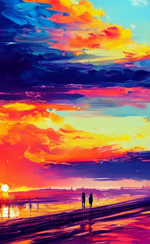 Image similar to a beautiful illustration of a sunset, art of alena aenami, featured on artstation, vertical orientation, paint brush strokes, expressionism, brushstroke - laden