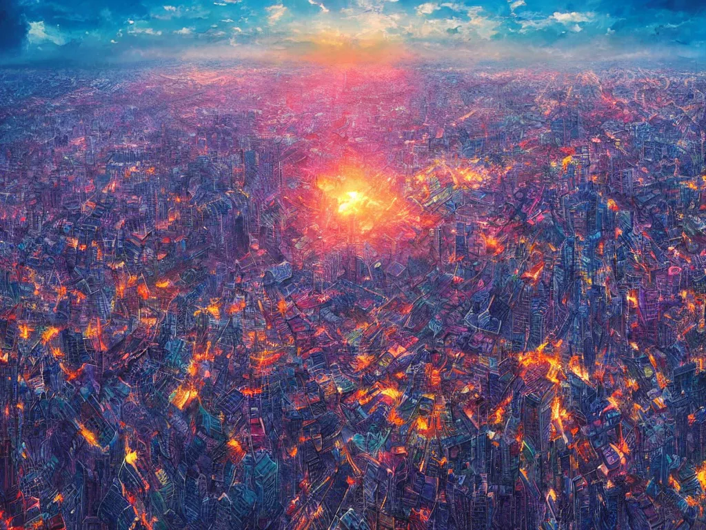 Image similar to birdseye view of a colorful sunrise over city surrounded by clouds, art by yoshitaka amano and alena aenami, cg society, cityscape