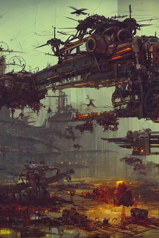 Image similar to dieselpunk concept art of a mechanised farm with drones and mechas working on it, grimy, gritty, dieselpunk trending on artstation, award winning painting, cgi, art by john berkey and anton fadeev and john howe and simon stalenhag