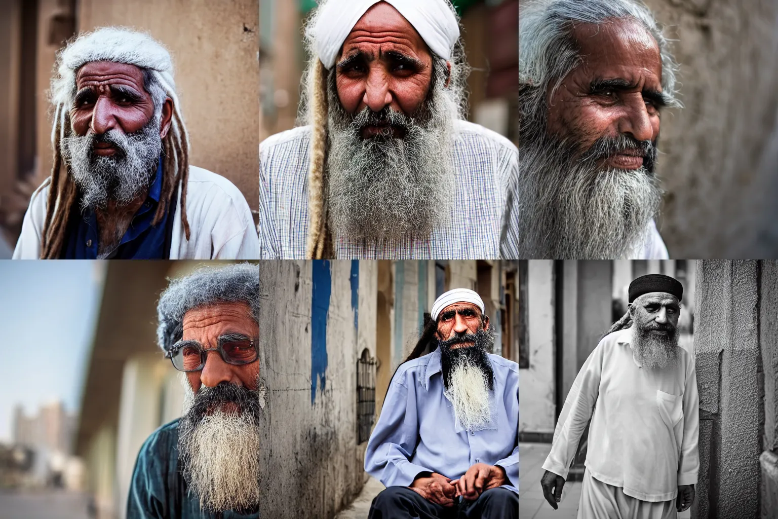 Prompt: blind bearded egyptian old man in modern city, long dreadlocks, worn clothes, dlsr photo