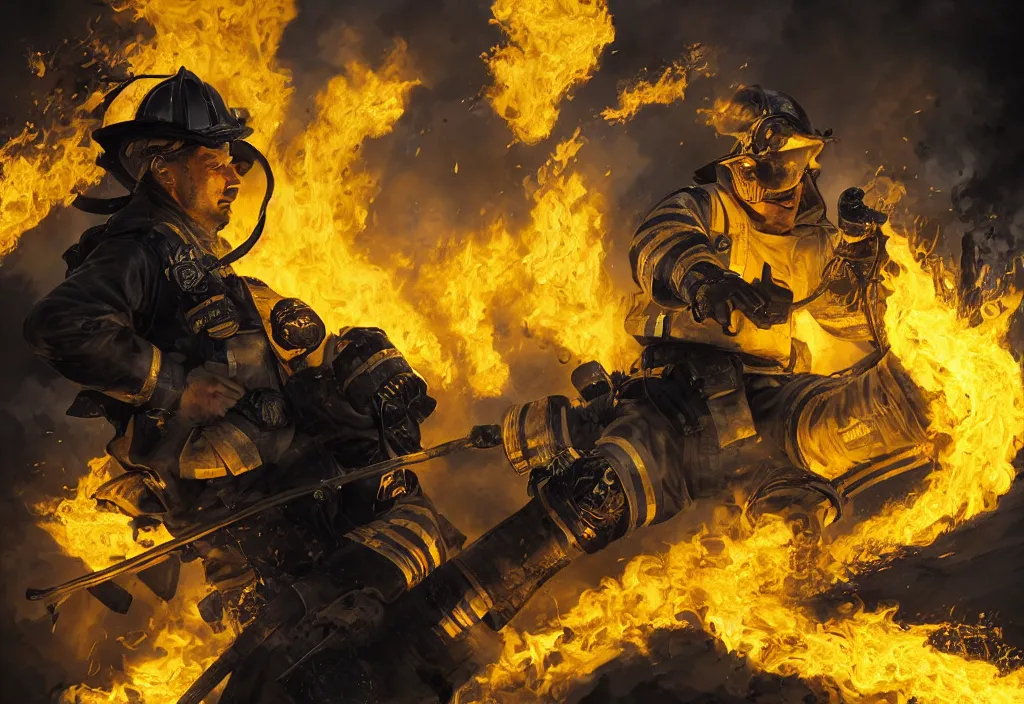 Image similar to one heroic firefighter in action in black and yellow uniform, fire flames, sharp details, sharp focus, realistic, highly detailed, illustration, by yerbol bulentayev and murat gul and pablo olivera and greg rutkowski