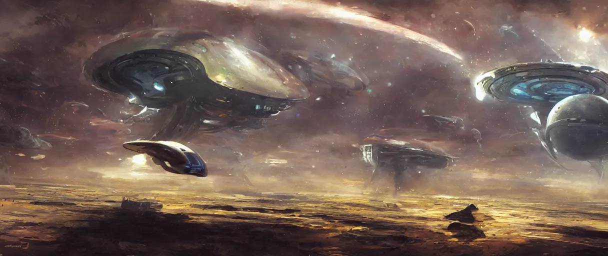 Prompt: An oil painting of an alien starship by Craig Mullins