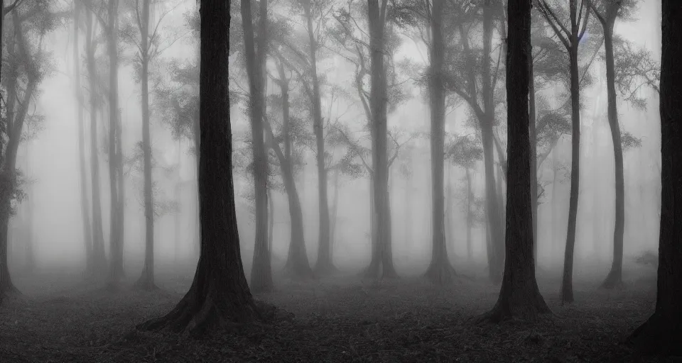 Prompt: an extremely detailed cinematic movie shot of a creepy foggy forest with twisted trees, in the style of tim burton