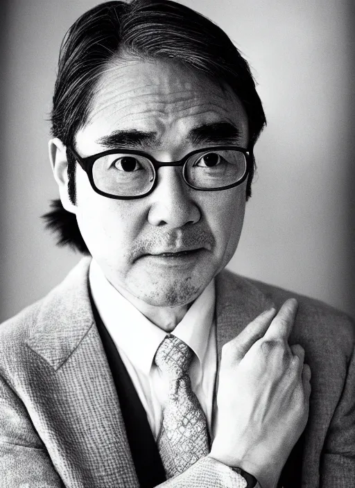 Image similar to satoru iwata as an old man by jatenipat ketpradit and annie leibovitz and steve mccurry and richard avedon, award winning photo, portrait, black and white, emotional