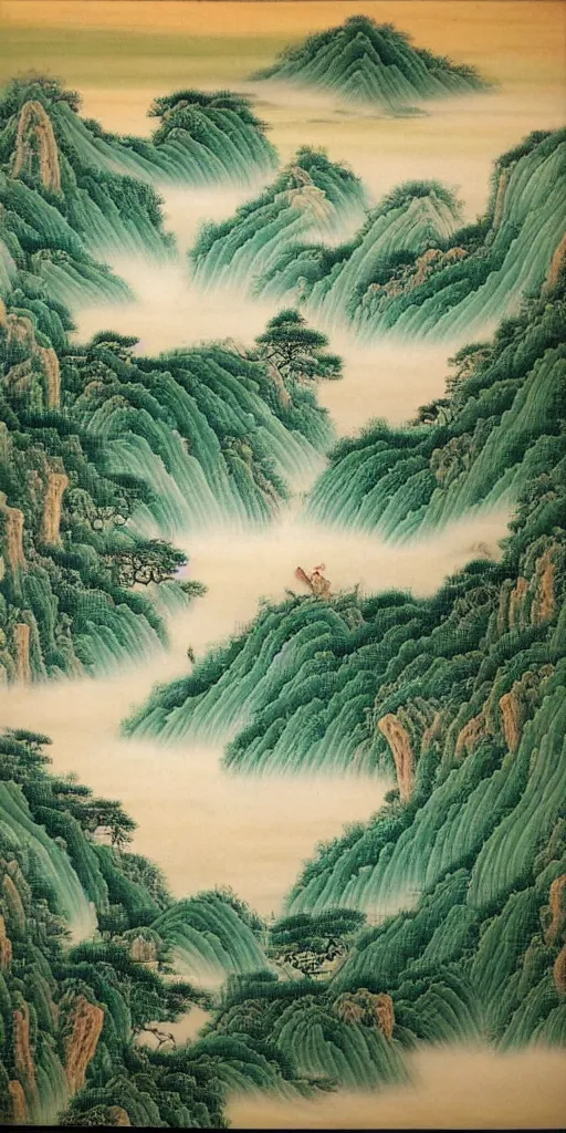 Prompt: chinese shanshui paiting, flowing clouds to the west, brushing across a pool of fresh green, the setting sun is like wearing a brocade cage and white clothes