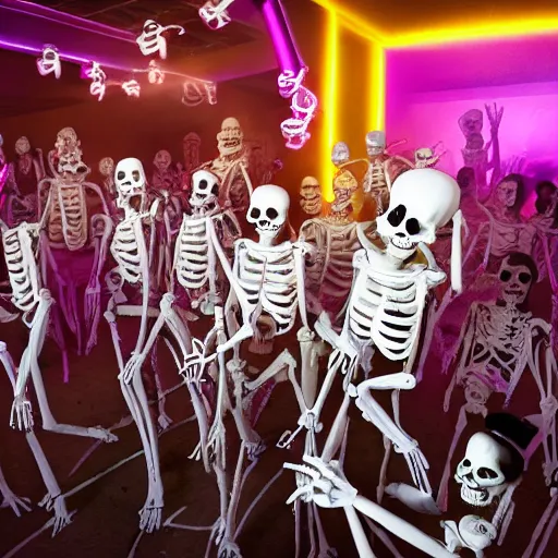 Image similar to photo, a giant crowd of realistic anatomically correct claymation skeletons dancing sensually with a giant crowd of beautiful multiethnic women wearing rococo gowns inside a colorful futuristic night club, colorful dramatic unique lighting