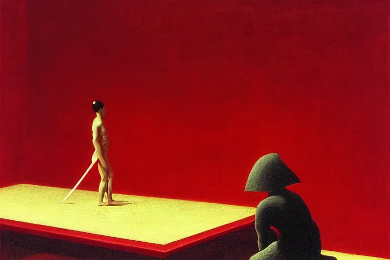 Image similar to only with red, a red samurai do seppuku, tokio, a lot of frogs watch, in the style of beksinski, parts by edward hopper, parts by rodcenko, parts by yue minjun, intricate and epic composition, red by caravaggio, insanely quality, highly detailed, masterpiece, red light, artstation, 4 k
