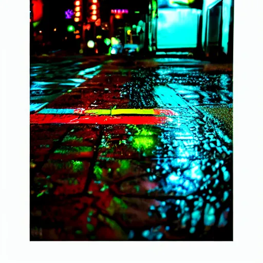 Image similar to Chameleon, rain, neon lights reflecting off the street, low wide shot, 8k, colorful, award winning photo