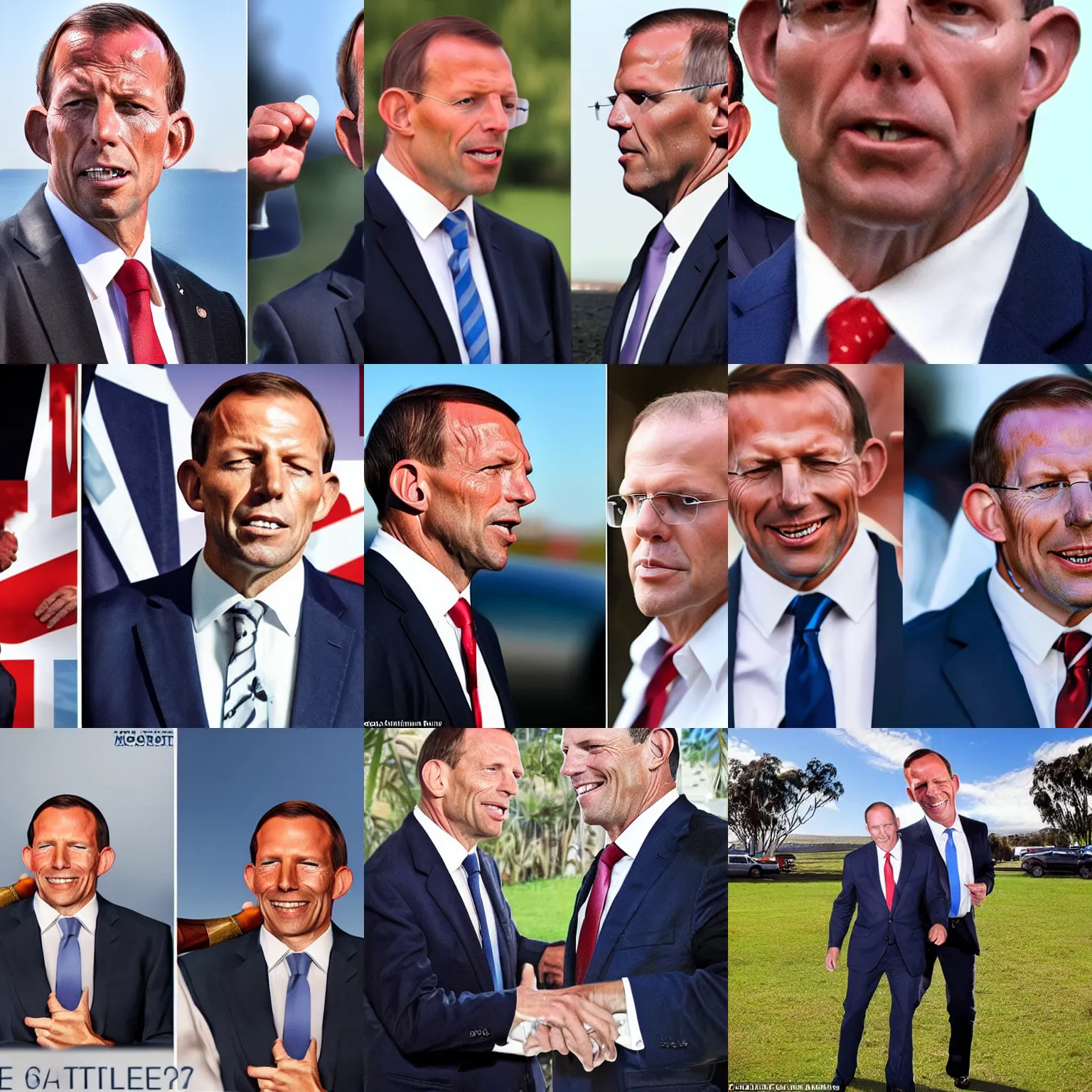 Prompt: tony abbott swordfighting with scott morrison on the campaign trail, highly detailed photo, retouched in photoshop, detailed face, symmetrical eyes