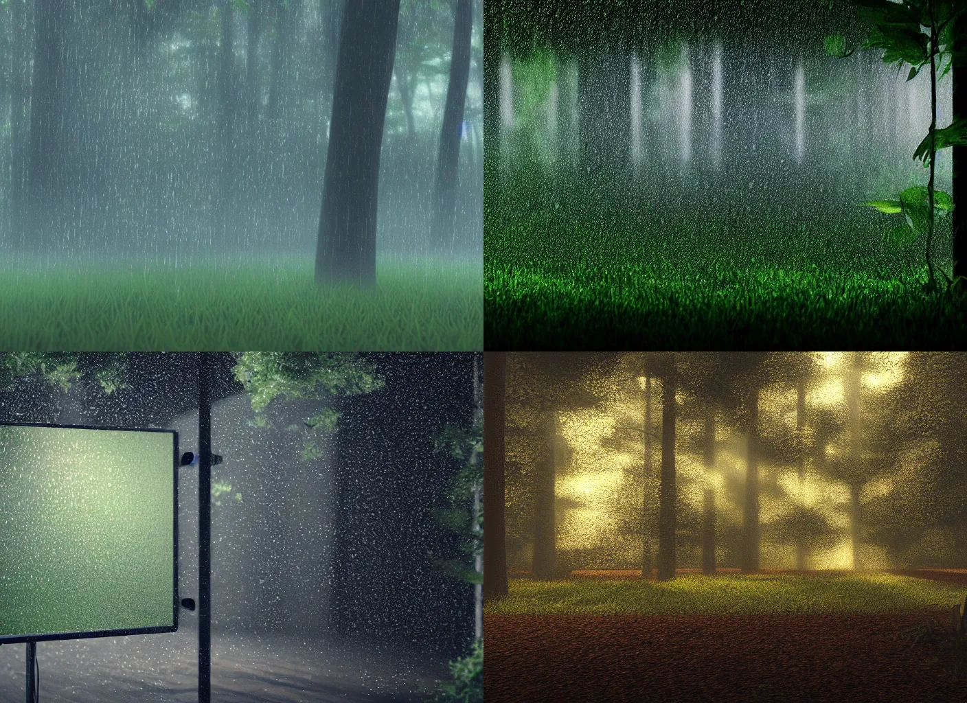 Prompt: Raindrops falling on a CRT monitor in a forest, photorealistic, volumetric lighting, ray tracing