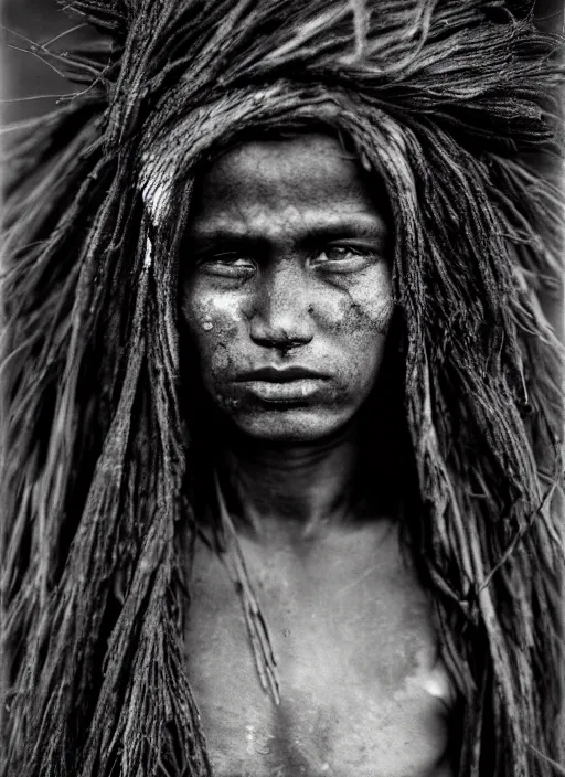 Image similar to Award winning Editorial photo of a Native Nauruans with incredible hair and beautiful hyper-detailed eyes wearing traditional garb by Lee Jeffries, 85mm ND 5, perfect lighting, gelatin silver process