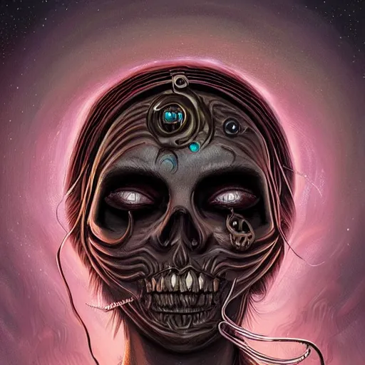 Image similar to ultra detailed digital painting of a woman with a skull on her face, lovecraftian cyberpunk art by jeffrey smith, andrew ferez, dan mumford, artstation, psychedelic art, cosmic horror, apocalypse art, darksynth