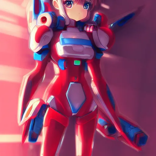 Image similar to digital anime art, cute mech girl wearing a red mech suit. blue eyes. wlop, rossdraws, sakimimichan