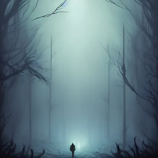Prompt: fantasy haunted dark forest, foggy, detailed, digital art, a dark forest with humanoids walking through and evil spirits lurk in the shadows, by Anato Finnstark, artstation