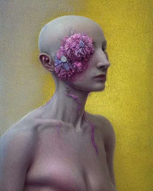 Prompt: Woman wearing clothes made out of dying flowers, Portrait, Masterpiece, glass, flat background, yellow skin, glowing, wires everywhere, by Edgar Maxence and Ross Tran, Zdzisław Beksiński, and Michael Whelan, distant, gustav dore, H.R. Giger, 8k, octane render