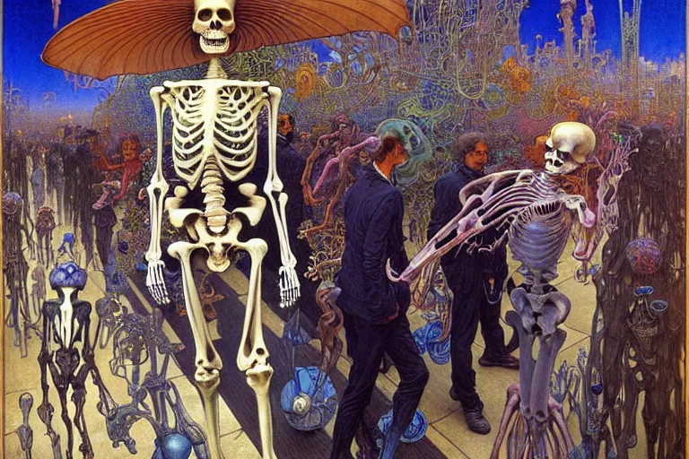 Image similar to realistic detailed portrait painting of a skeleton in a crowded futuristic street by Jean Delville, Amano, Yves Tanguy, Alphonse Mucha, Ernst Haeckel, Edward Robert Hughes, Roger Dean, rich moody colours, blue eyes