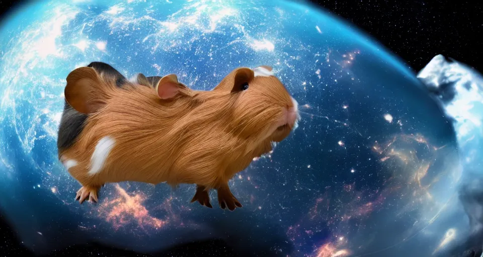 Image similar to ultra realistic guineapigs floating in space suits floating in space, 4 k, 8 k, nebula, universe, many stars, space station