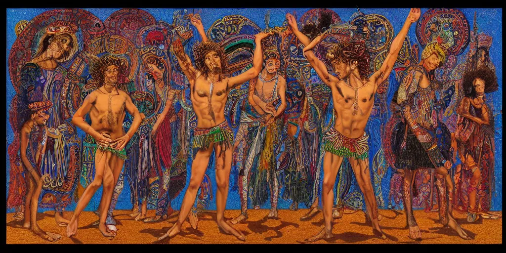 Image similar to an abstract spiritual background, a punk rocker greek god dancing mindlessly, clear eyes. 2 4 mm, photorealistic, muted color scheme, directed by mati klarwein