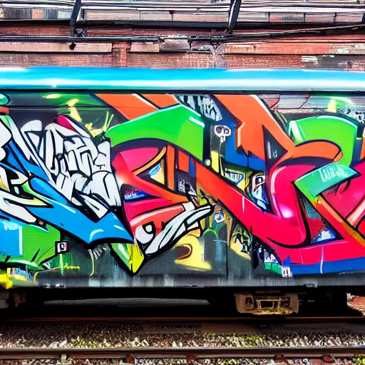 Prompt: wide angle full colour photo of a new york train carriage with the whole side covered by an award winning Graffiti piece in wildstyle, and many colours, with a comic character incorporated in the piece, ultrarealism, featured on artstation, octane render, powerful, iconic, inspiring, mesmerising
