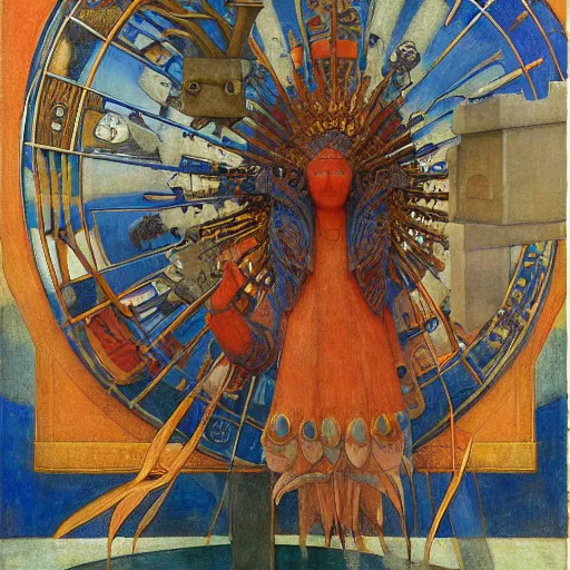 Prompt: sculpture of an ornate robot bird, by annie swynnerton and diego rivera and nicholas roerich and jean delville, symbolist, dramatic lighting, god rays, art brut, rich colors, smooth, sharp focus, extremely detailed, adolf wolfli, by janet fish and ( donato giancola and bilibin )