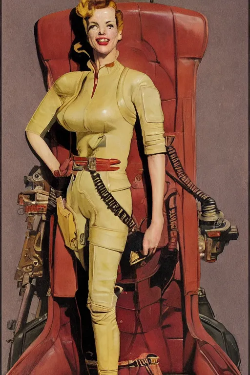 Prompt: 5 0 s pulp scifi fantasy illustration full body portrait slim mature woman in leather spacesuit in palace throne room, by norman rockwell, roberto ferri, daniel gerhartz, edd cartier, jack kirby, howard v brown, ruan jia, tom lovell, frank r paul, jacob collins, dean cornwell, astounding stories, amazing, fantasy, other worlds