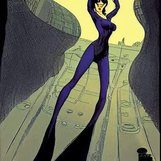 Prompt: Tall beautiful slender female witch with dark hair, futuristic, alien cityscape, symmetrical features, full body, face visible, artstation, graphic novel, colourful, 2D matte, art by Ralph Bakshi, Dave Sim, Frank Quitely, Moebius, Jeff Smith,