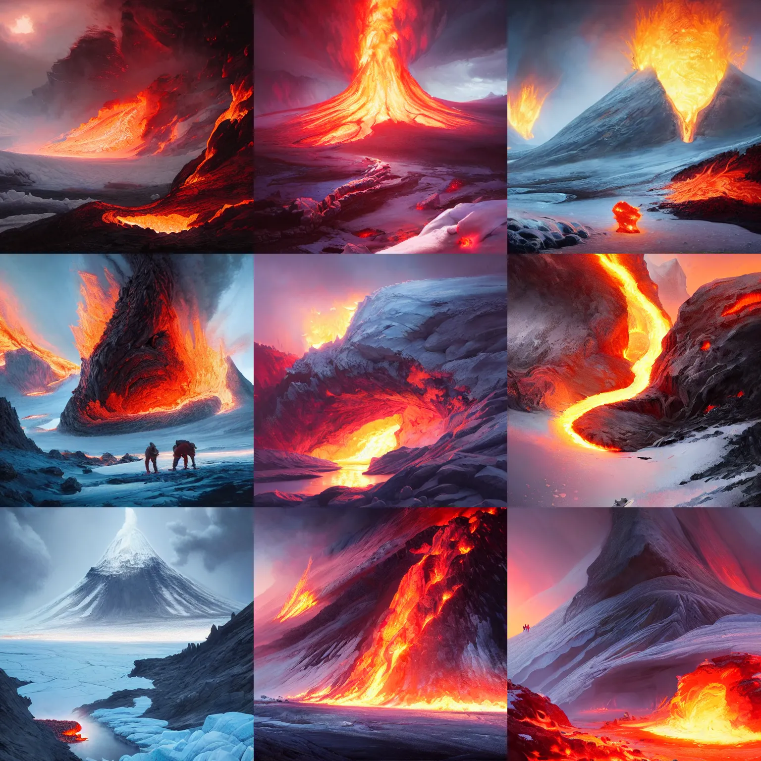 Prompt: epic landscape made of fire and ice, glacier, lava river, snow, volcanos, dramatic lighting, chiaroscuro, highly detailed, digital painting, 3 d render, hyper realistic detailed portrait, greg rutkowski, wlop, ruan jia, peter mohrbacher