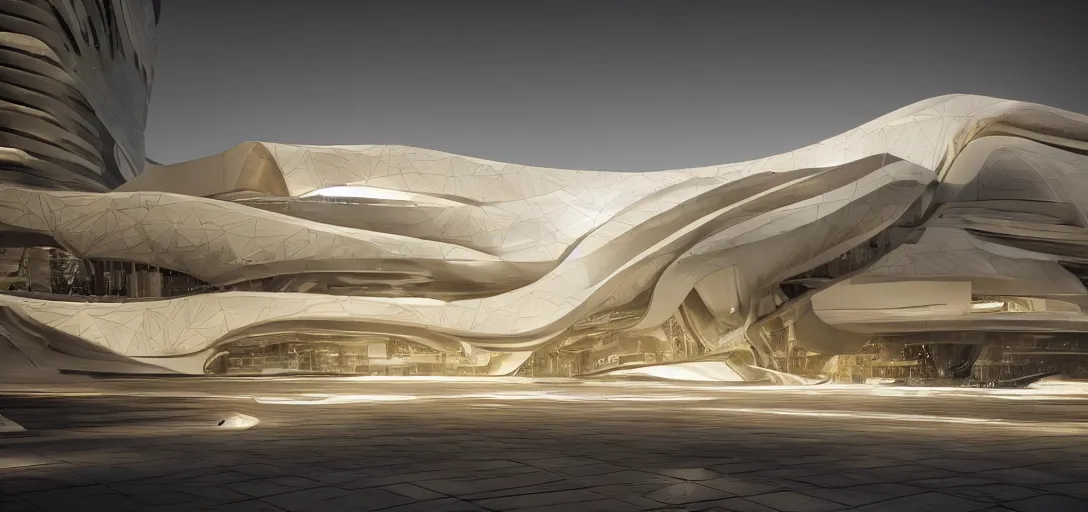 Image similar to photo - real, ultra modern, extremely beautiful saha hadid building, hypermaximalistic, high level design details, beautiful paneling, cinematic masterpiece, 8 k resolution, beautiful detailed, insanely intricate details, artstation trending, octane render, unreal engine, bright it interiors, warm yellow lights