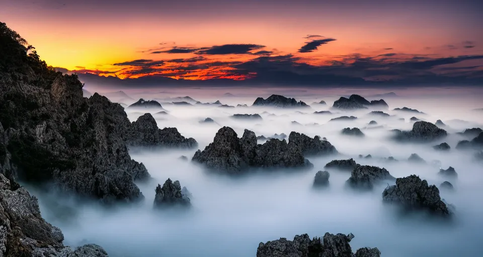 Prompt: landscape photography of Ciuca sountains sunset, clouds, mist, 500px, award winning
