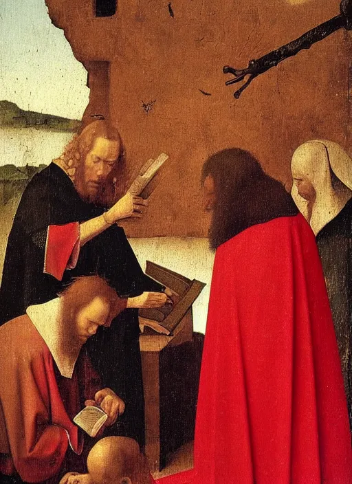 Image similar to fallen angels dressed in red reading the bible and arguing in Tuscany by Jan van Eyck, Hieronymus Bosch, Johannes Vermeer 4k post-processing, highly detailed medieval painting