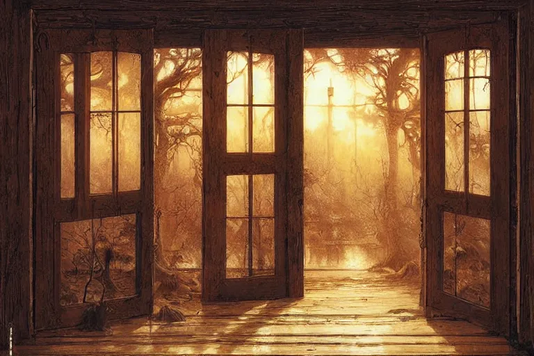 Image similar to large rustic intricately decorated wooden double door, metal handles, a view to a fantasy world, eerie back light, mist, fantasy painting by noriyoshi ohrai