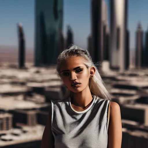 Image similar to photographic portrait of a streetwear woman, closeup, on the rooftop of a futuristic city overlooking a desert oasis, sigma 85mm f/1.4, 4k, depth of field, high resolution, 4k, 8k, hd, full color