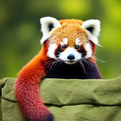 Image similar to Photo of stuffed cute Red Panda, peaceful atmosphere, precise, mid-shot, perfect light, bokeh, indoor, green background, highly detailed, 4k