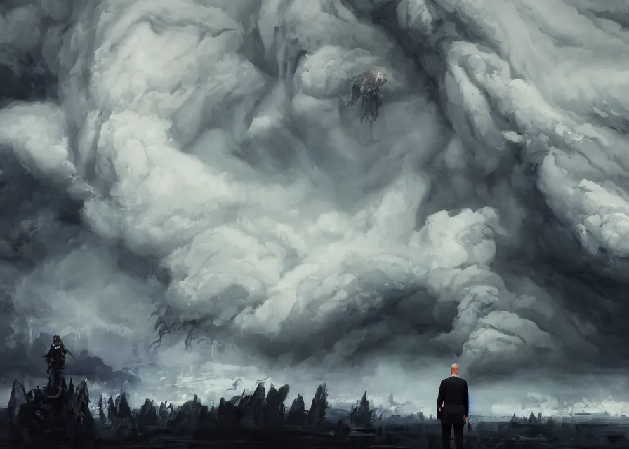 Image similar to large abstract painting of giant Joe Biden grinning evil emperor of the world made out of clouds emerging in dark clouds, cosmic horror, evil, dangerous, trending on ArtStation, masterpiece, by Greg Rutkowski, by Ross Tran, by Fenghua Zhong, octane, lightbeam eyes, soft render, clear facial features, oil on canvas, immense crowd of people, moody lighting, cinematic, professional environment concept art