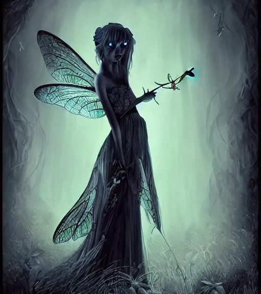 Image similar to gothic fairy with dragonfly wings, digital painting, liminal eerie midnight backlit, a picture taken by Michael Komarck