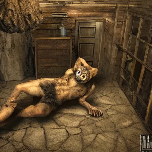 Prompt: hyper realistic werewolf hidden in the dark. higly detailed. deep dark cabin in the woods. unreal engine 5