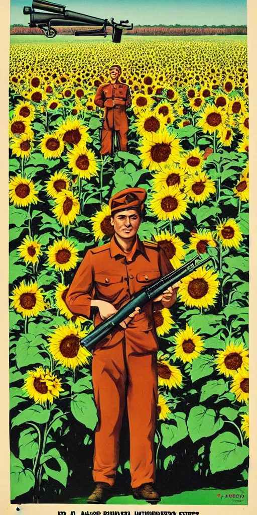 Image similar to Communist Propaganda Poster of a soldier in a sunflower field holding an Steyr AUG.