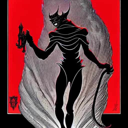 Prompt: medium gargoyle soft light, by bernie wrightson and joe fenton and jack gaughan, inspired art deco, black and red only, fine, sharp high detail,