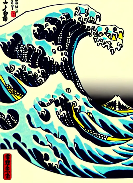 Prompt: cybernetic octopus surfing the great wave by Hokusai, 8k, full body character drawing, clean ink detailed line drawing, intricate detail, extremely detailed.