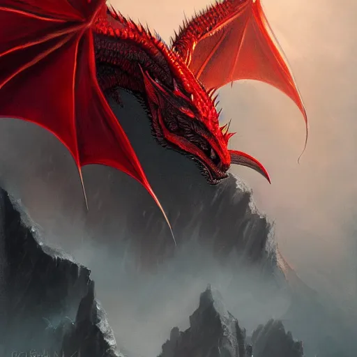 Image similar to red dragon close up by greg rutkowski, drark, marvel comics, dark, plutus su and chris scalf and lucas graciano and billy christian, symmetrical, mountains, red and gold color palette, painting, d & d, fantasy, detailed, realistic, complimentary colors, light, artstation, cinematic, dramatic lighting, close up, storm clouds, hudson river school