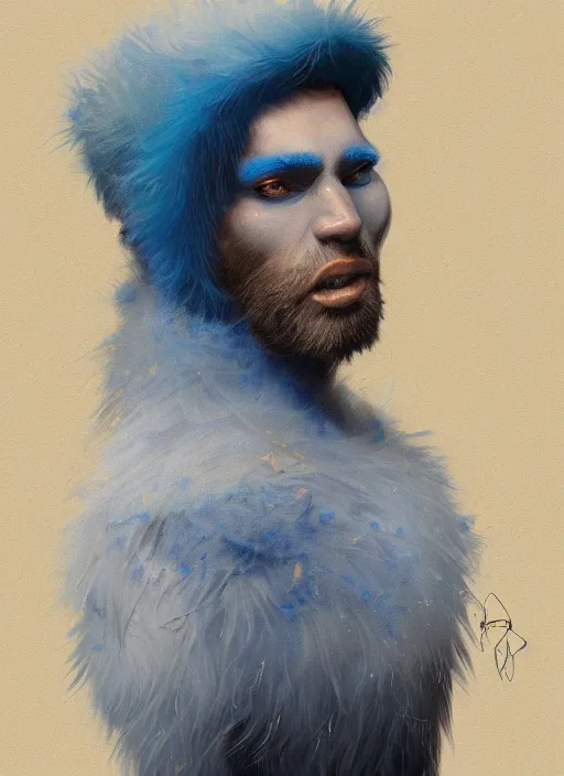 Prompt: portrait of a blue-skinned man wearing a fur coat, illustration, fantasy, by artgerm and Craig Mullins, James Jean, Andrey Ryabovichev, Mark Simonetti and Peter Morbacher 16k, trending on ArtStation, masterpiece
