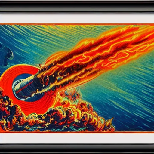 Image similar to nuclear bomb exploding in the ocean, extreme vivid colors, abstract realism, highly ornate intricate details, 1 9 2 0's colored pencil, 4 k, cinematic lighting,