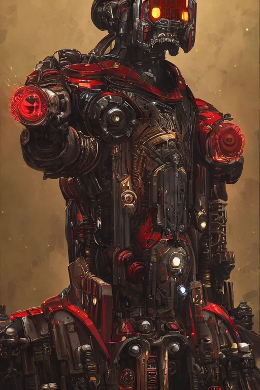 Image similar to portrait of adeptus mechanicus in red hood, cyborg, prist, cyberpunk, Warhammer 40000, highly detailed, artstation, illustration, art by Gustav Klimt