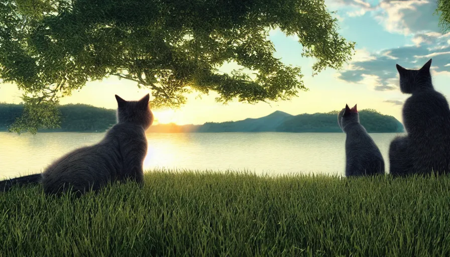 Prompt: cats sitting on grass looking the sunset on the lake, japan, volumetric light, hyperdetailed, artstation, cgsociety, 8 k