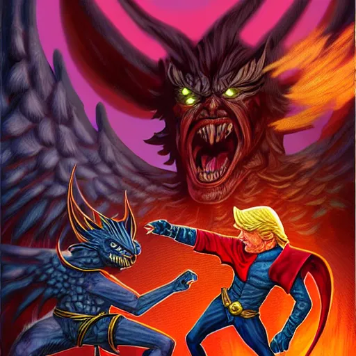 Prompt: Donald Trump Fights a demon and wins. dungeons and dragons style. highly detailed, digital painting, artstation, concept art, sharp focus, illustration, art by Josh kirby and John romita jr and moebius