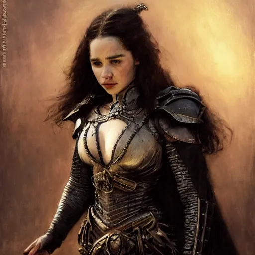 Prompt: emilia clarke, with short canines fangs, wearing dark black ornamented medieval armour, detailed, by gaston bussiere, bayard wu, greg rutkowski, giger, maxim verehin, greg rutkowski, masterpiece, sharp focus,