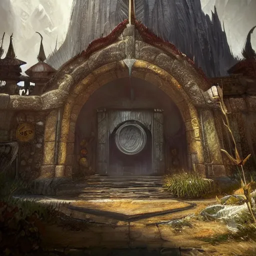 Image similar to beautiful digital painting of front gate of dwarf city of Erebor from Hobbit trending on Artstation, by Daniel Dociu and Greg Rutkowski, high quality, ultra detailed, ultra realistic, concept art, landscape, architecture, city gate