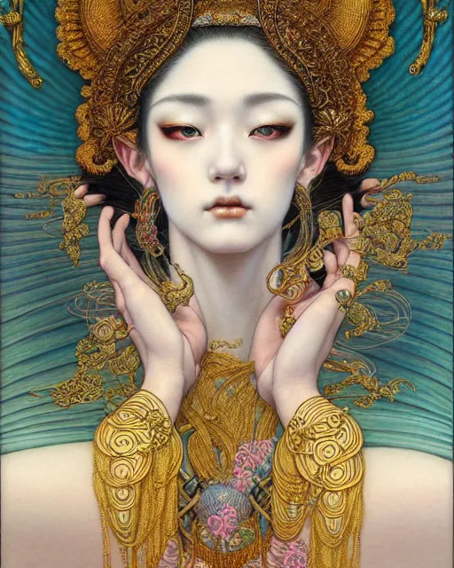 Image similar to portrait of a beautiful goddess of mercy, unusual beauty, esoteric, muted colors, head in focus, fantasy art, ornamental aesthetics intricate, elegant, highly detailed, hyperrealistic painting, artstation, concept art, painterly, sharp focus, illustration, art by chie yoshii