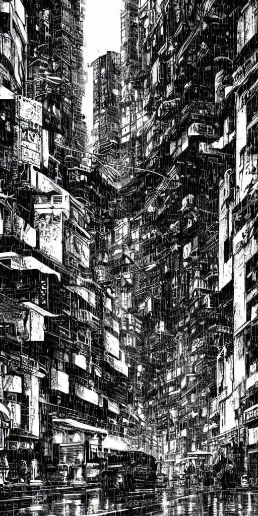 Image similar to manga illustration of poor cyberpunk city, rainy weather, highly detailed