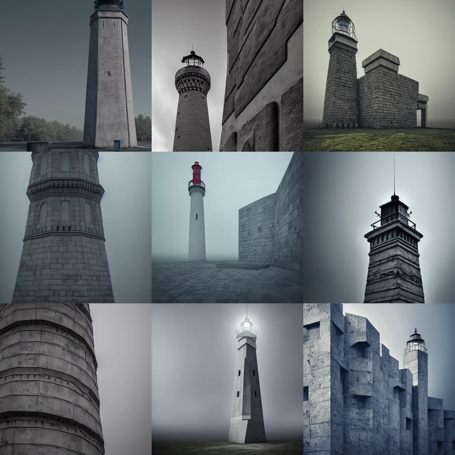 Prompt: detailed intricate geometric lighthouse, made of stone and concrete, brutalism style, dark and misty, full shot, full height, 8K octane render